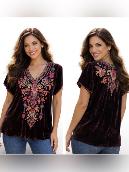 Johnny Was Tops - Johnny Was Loana Velvet V-Neck Tunic in Deep Plum with Multicolor Embroidery